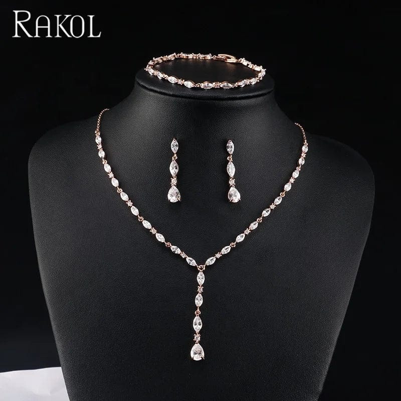 RAKOL SP412 simple style beautiful leaf&teardrop zircon dangle long earrings necklace bracelet set