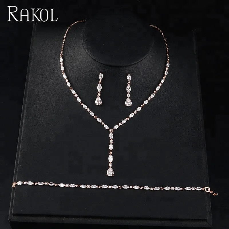 RAKOL SP412 simple style beautiful leaf&teardrop zircon dangle long earrings necklace bracelet set