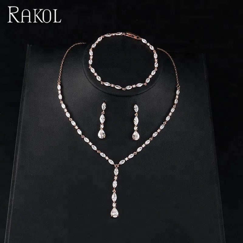 RAKOL SP412 simple style beautiful leaf&teardrop zircon dangle long earrings necklace bracelet set