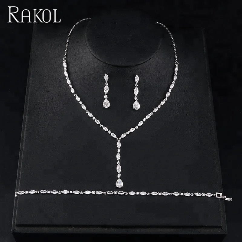 RAKOL SP412 simple style beautiful leaf&teardrop zircon dangle long earrings necklace bracelet set