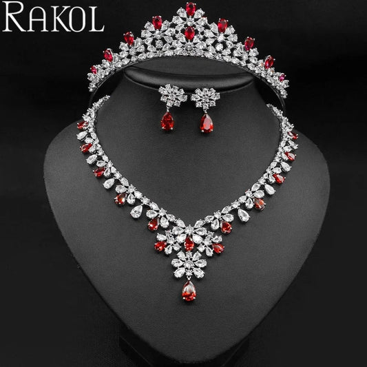 RAKOL SPA082 Luxury Crystal Jewelry Set Flower Zircon Pendant Necklace Tiara Crown Earrings Wedding Jewelry Set For Women