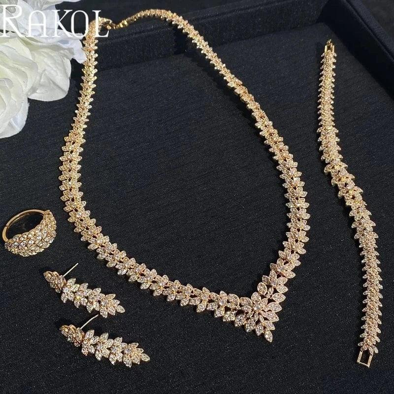RAKOL WSP04 Luxury Crystal Zircon Dubai Bridal Wedding Jewelry Sets Flower Leaf Necklace Earrings Bracelet Ring Jewelry Sets