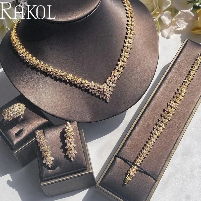 RAKOL WSP04 Luxury Crystal Zircon Dubai Bridal Wedding Jewelry Sets Flower Leaf Necklace Earrings Bracelet Ring Jewelry Sets
