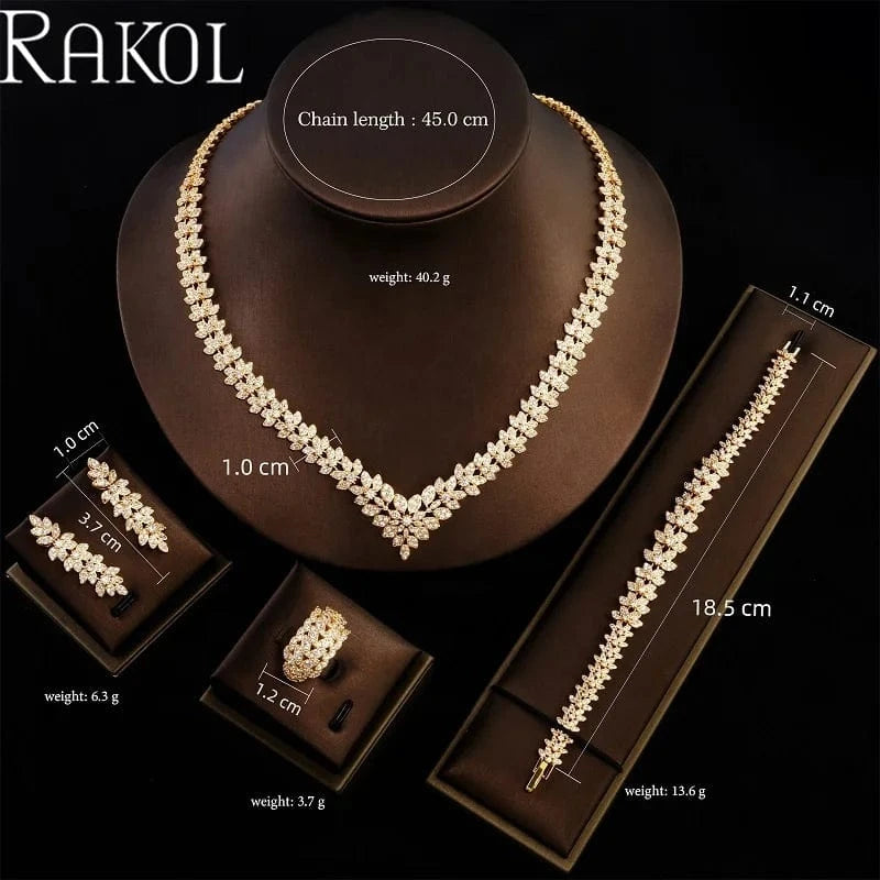 RAKOL WSP04 Luxury Crystal Zircon Dubai Bridal Wedding Jewelry Sets Flower Leaf Necklace Earrings Bracelet Ring Jewelry Sets