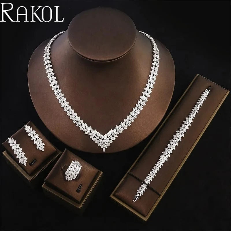 RAKOL WSP04 Luxury Crystal Zircon Dubai Bridal Wedding Jewelry Sets Flower Leaf Necklace Earrings Bracelet Ring Jewelry Sets