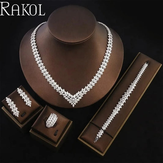 RAKOL WSP04 Luxury Crystal Zircon Dubai Bridal Wedding Jewelry Sets Flower Leaf Necklace Earrings Bracelet Ring Jewelry Sets