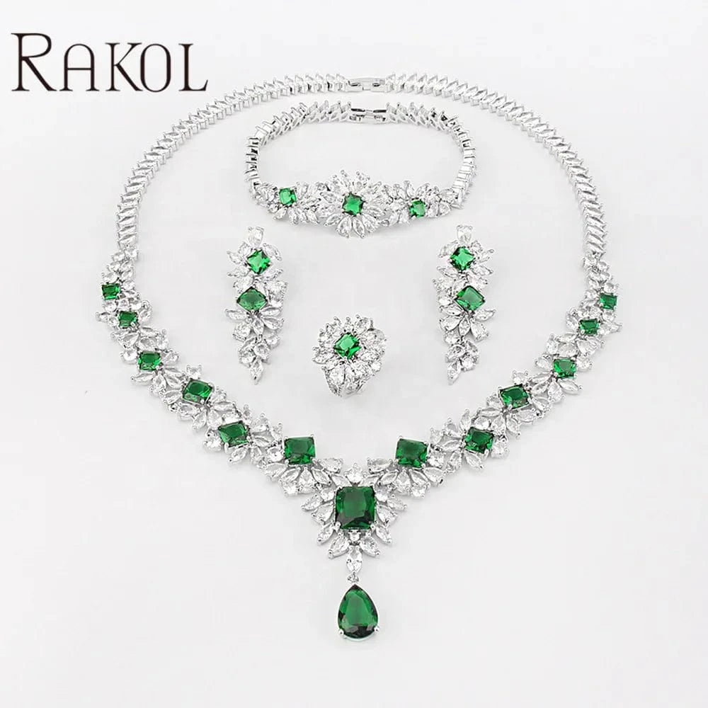 RAKOL ZPS184 Women luxury flower emerald cubic zirconia fashion jewelry sets dubai sterling silver plated wedding jewelry sets