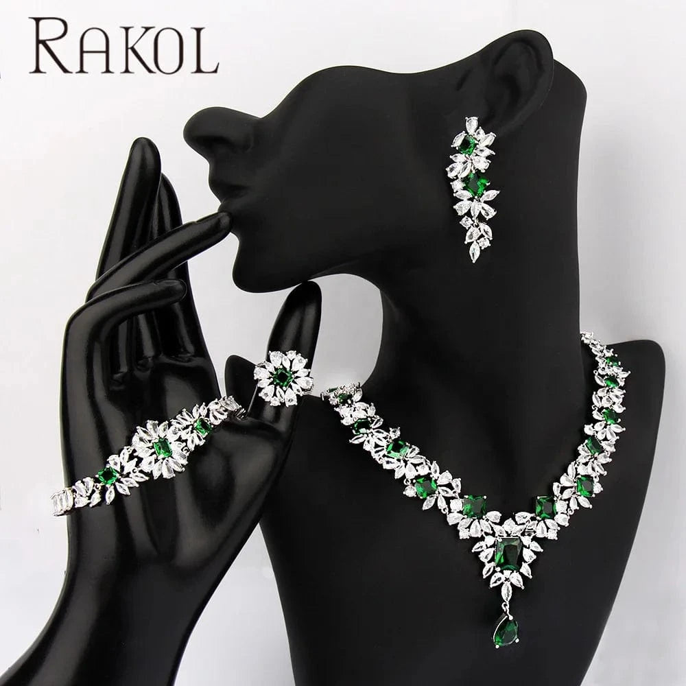 RAKOL ZPS184 Women luxury flower emerald cubic zirconia fashion jewelry sets dubai sterling silver plated wedding jewelry sets