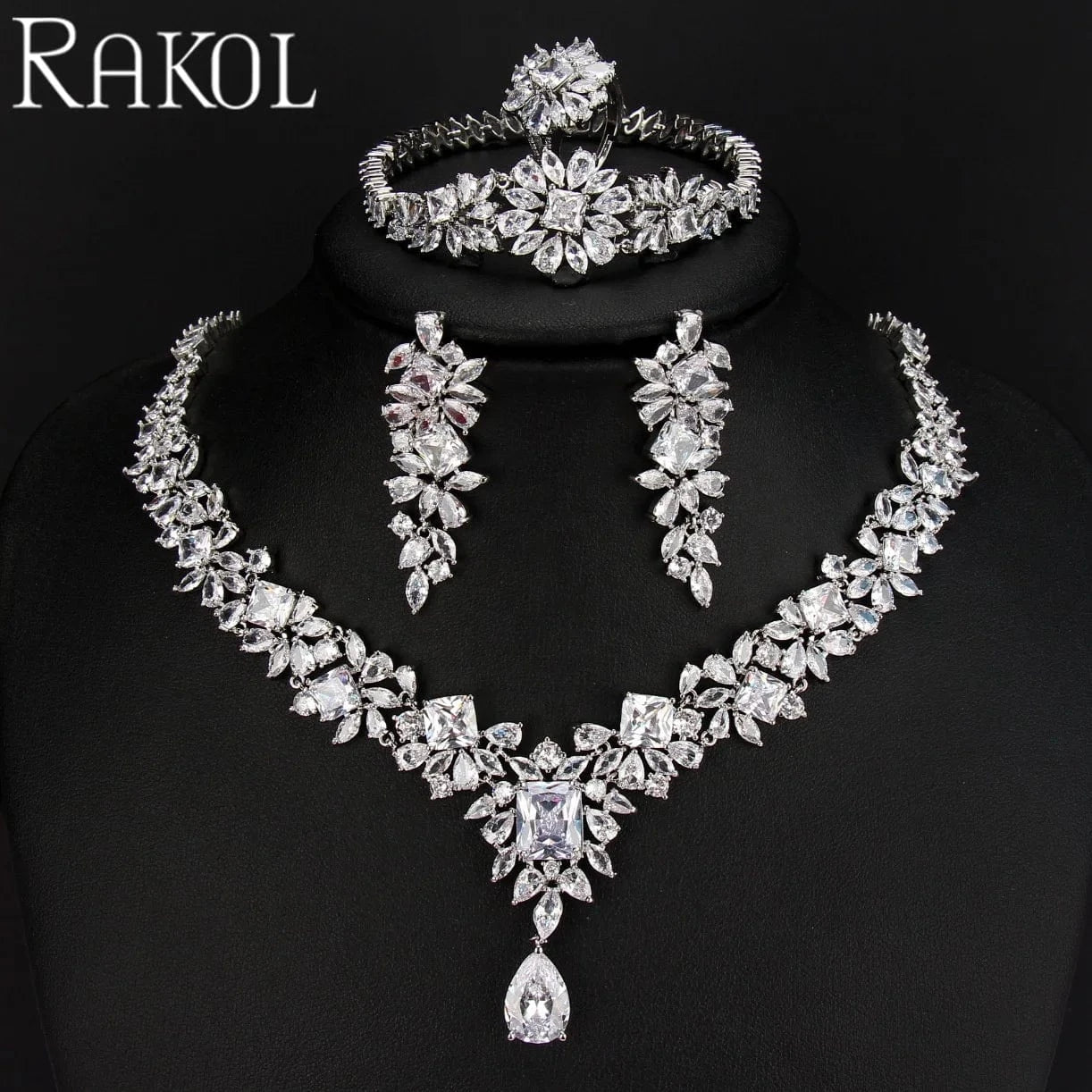 RAKOL ZPS184 Women luxury flower emerald cubic zirconia fashion jewelry sets dubai sterling silver plated wedding jewelry sets