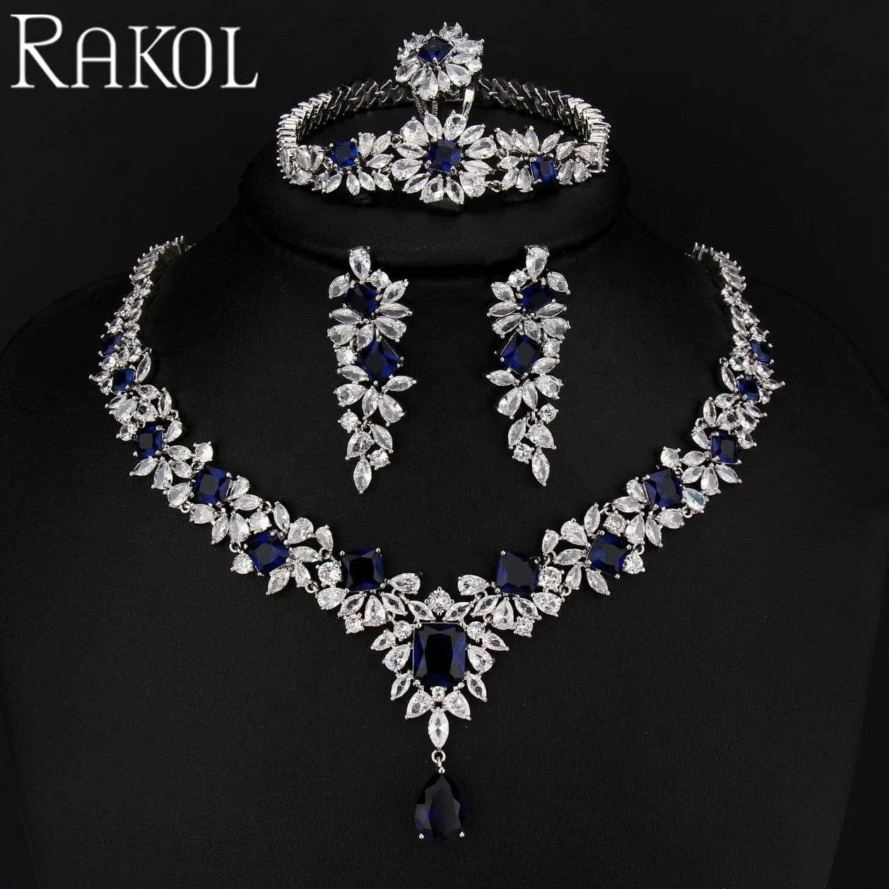 RAKOL ZPS184 Women luxury flower emerald cubic zirconia fashion jewelry sets dubai sterling silver plated wedding jewelry sets