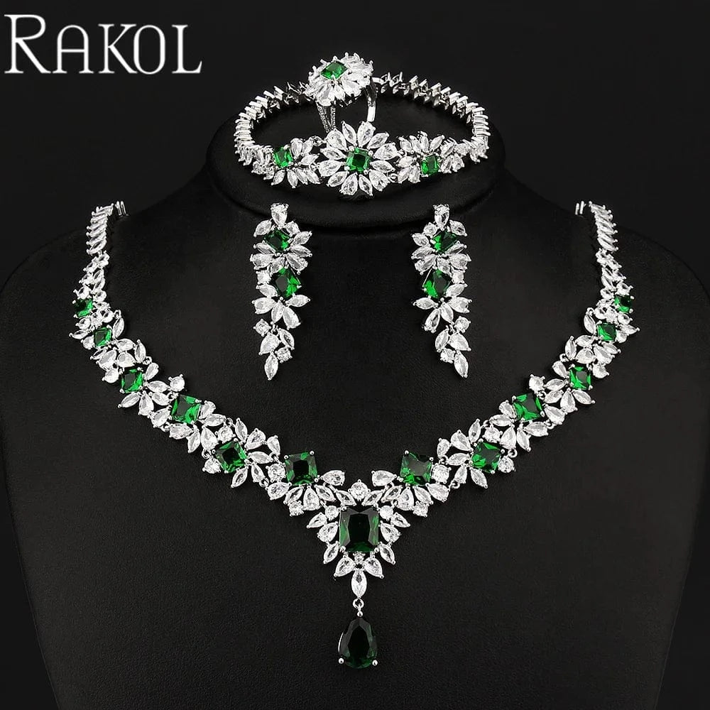RAKOL ZPS184 Women luxury flower emerald cubic zirconia fashion jewelry sets dubai sterling silver plated wedding jewelry sets