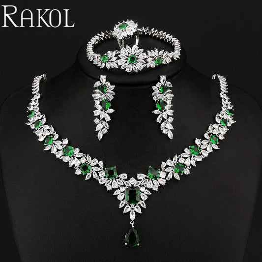RAKOL ZPS184 Women luxury flower emerald cubic zirconia fashion jewelry sets dubai sterling silver plated wedding jewelry sets