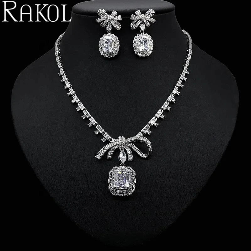 RAKOL ZPS220 Romantic Square Zircon Crystal Necklace Jewelry Set Bowknot Earrings Jewelry Set For Wedding Party Jewelry