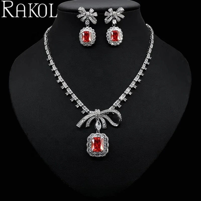 RAKOL ZPS220 Romantic Square Zircon Crystal Necklace Jewelry Set Bowknot Earrings Jewelry Set For Wedding Party Jewelry