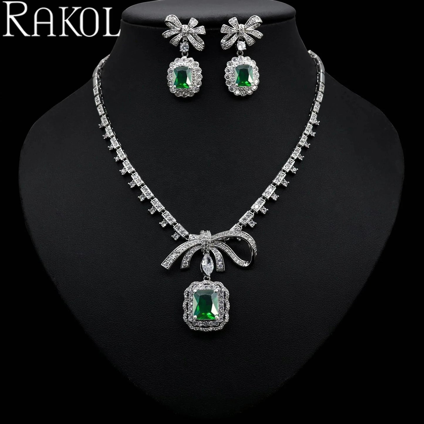 RAKOL ZPS220 Romantic Square Zircon Crystal Necklace Jewelry Set Bowknot Earrings Jewelry Set For Wedding Party Jewelry