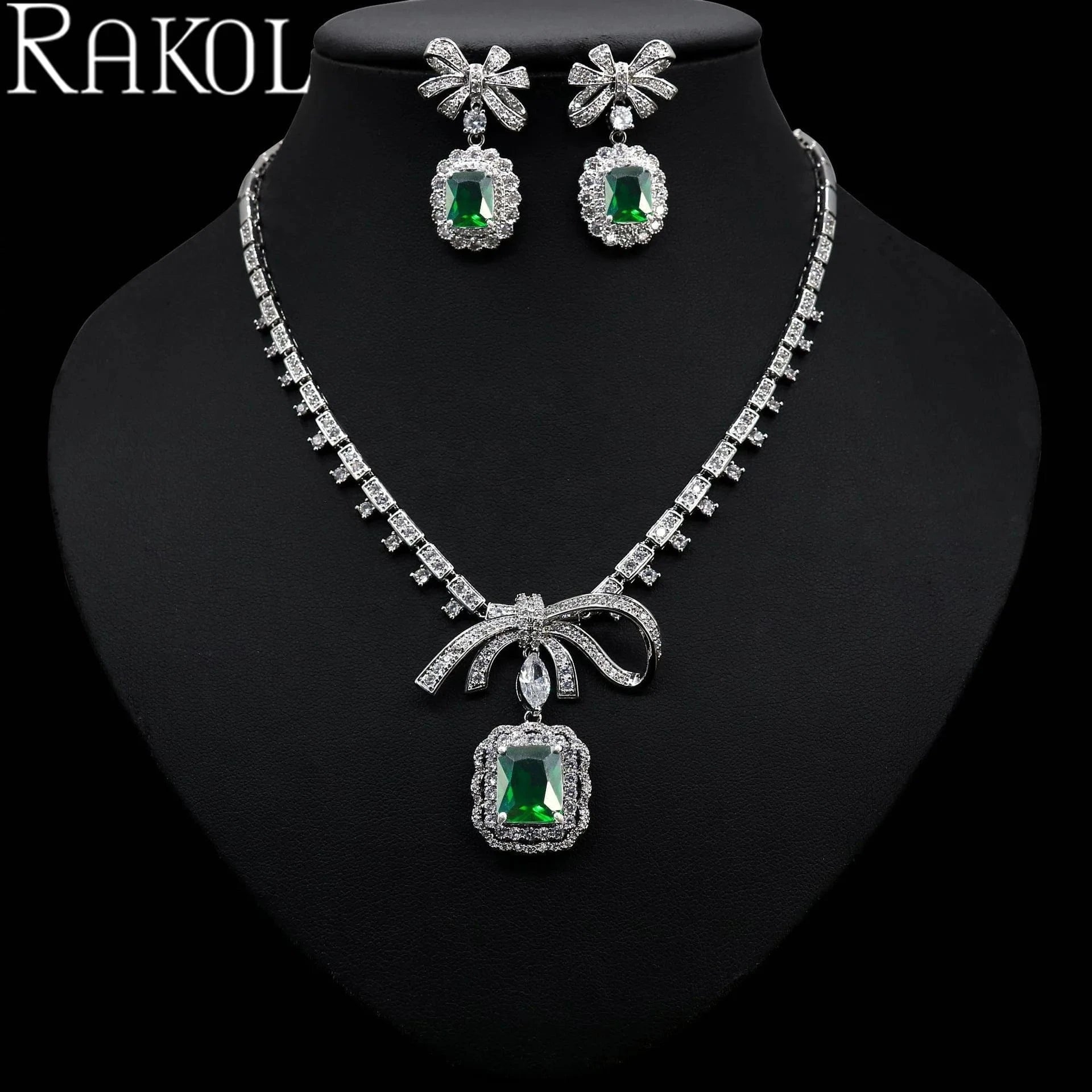RAKOL ZPS220 Romantic Square Zircon Crystal Necklace Jewelry Set Bowknot Earrings Jewelry Set For Wedding Party Jewelry