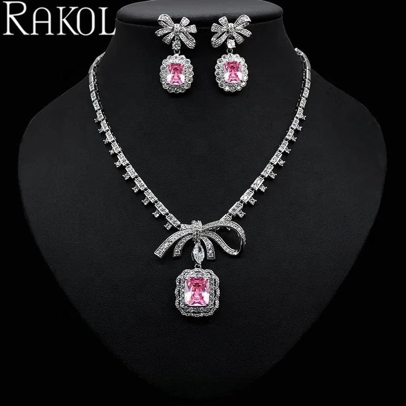 RAKOL ZPS220 Romantic Square Zircon Crystal Necklace Jewelry Set Bowknot Earrings Jewelry Set For Wedding Party Jewelry