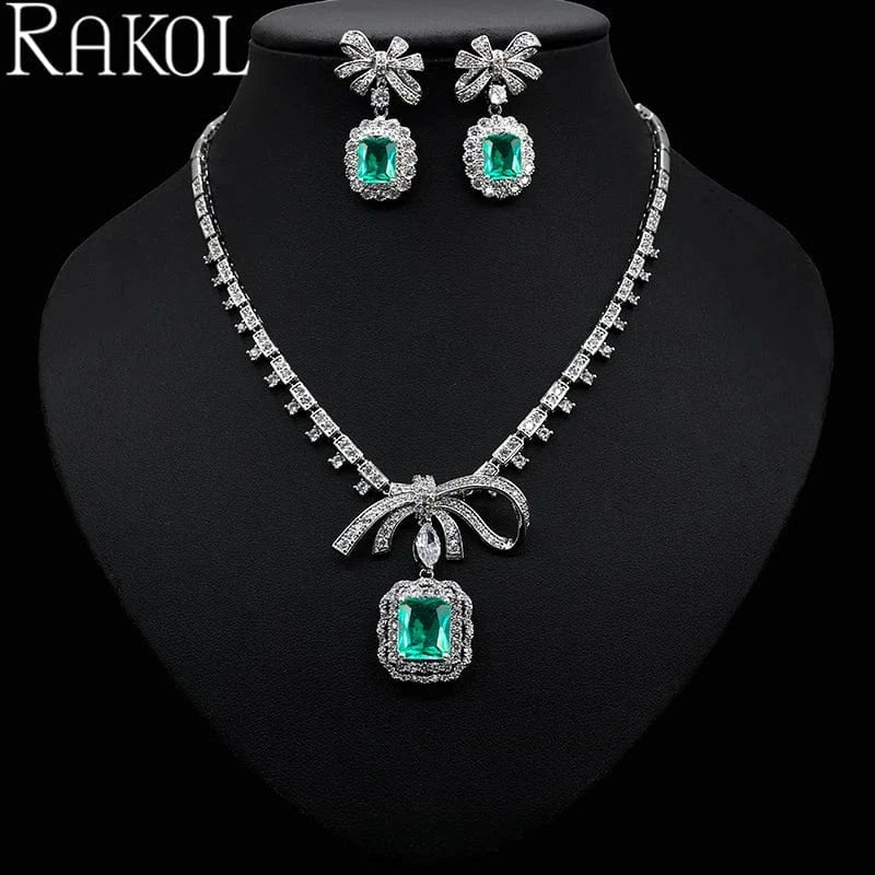 RAKOL ZPS220 Romantic Square Zircon Crystal Necklace Jewelry Set Bowknot Earrings Jewelry Set For Wedding Party Jewelry