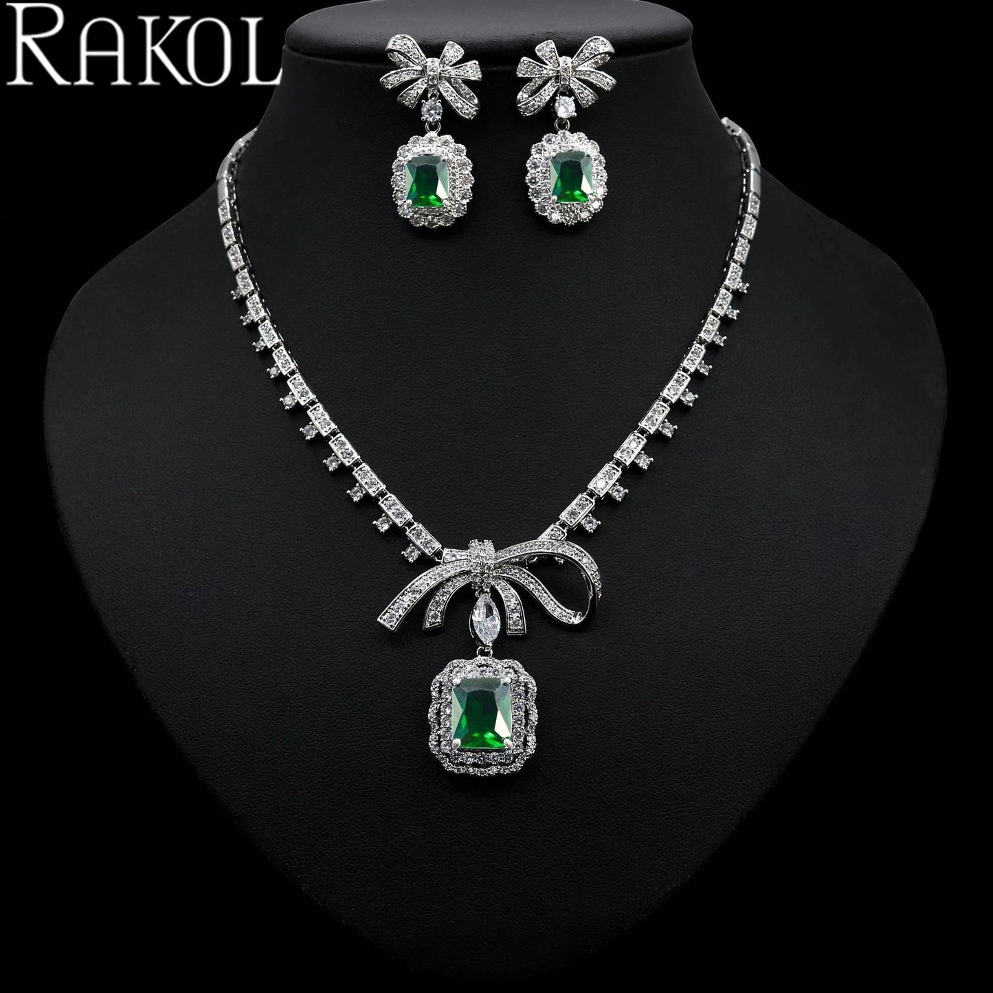 RAKOL ZPS220 Romantic Square Zircon Crystal Necklace Jewelry Set Bowknot Earrings Jewelry Set For Wedding Party Jewelry