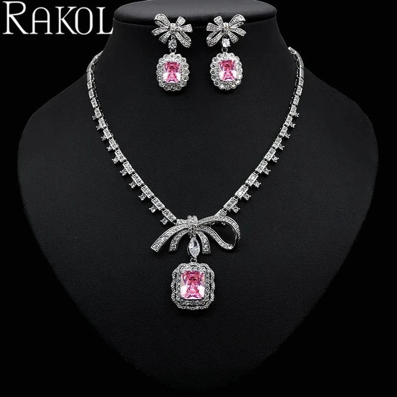 RAKOL ZPS220 Romantic Square Zircon Crystal Necklace Jewelry Set Bowknot Earrings Jewelry Set For Wedding Party Jewelry