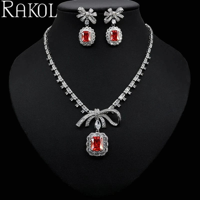 RAKOL ZPS220 Romantic Square Zircon Crystal Necklace Jewelry Set Bowknot Earrings Jewelry Set For Wedding Party Jewelry