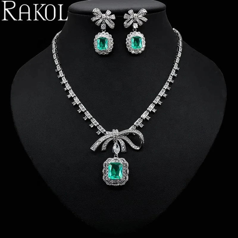 RAKOL ZPS220 Romantic Square Zircon Crystal Necklace Jewelry Set Bowknot Earrings Jewelry Set For Wedding Party Jewelry