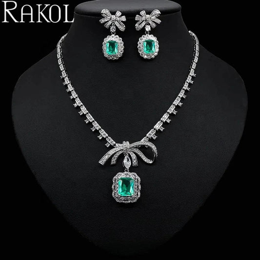 RAKOL ZPS220 Romantic Square Zircon Crystal Necklace Jewelry Set Bowknot Earrings Jewelry Set For Wedding Party Jewelry