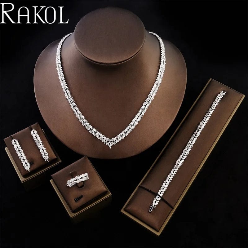 RAKOL ZPS232 Luxury Crystal Sterling Silver Jewellery Set Cubic Zirconia Wedding Necklace Earring Ring Bracelet Jewelry Sets