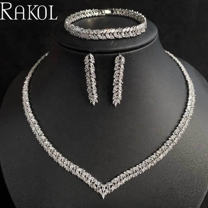 RAKOL ZPS232 Luxury Crystal Sterling Silver Jewellery Set Cubic Zirconia Wedding Necklace Earring Ring Bracelet Jewelry Sets