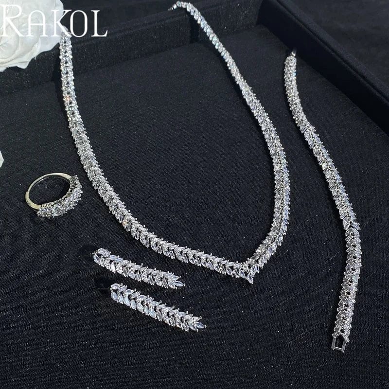 RAKOL ZPS232 Luxury Crystal Sterling Silver Jewellery Set Cubic Zirconia Wedding Necklace Earring Ring Bracelet Jewelry Sets