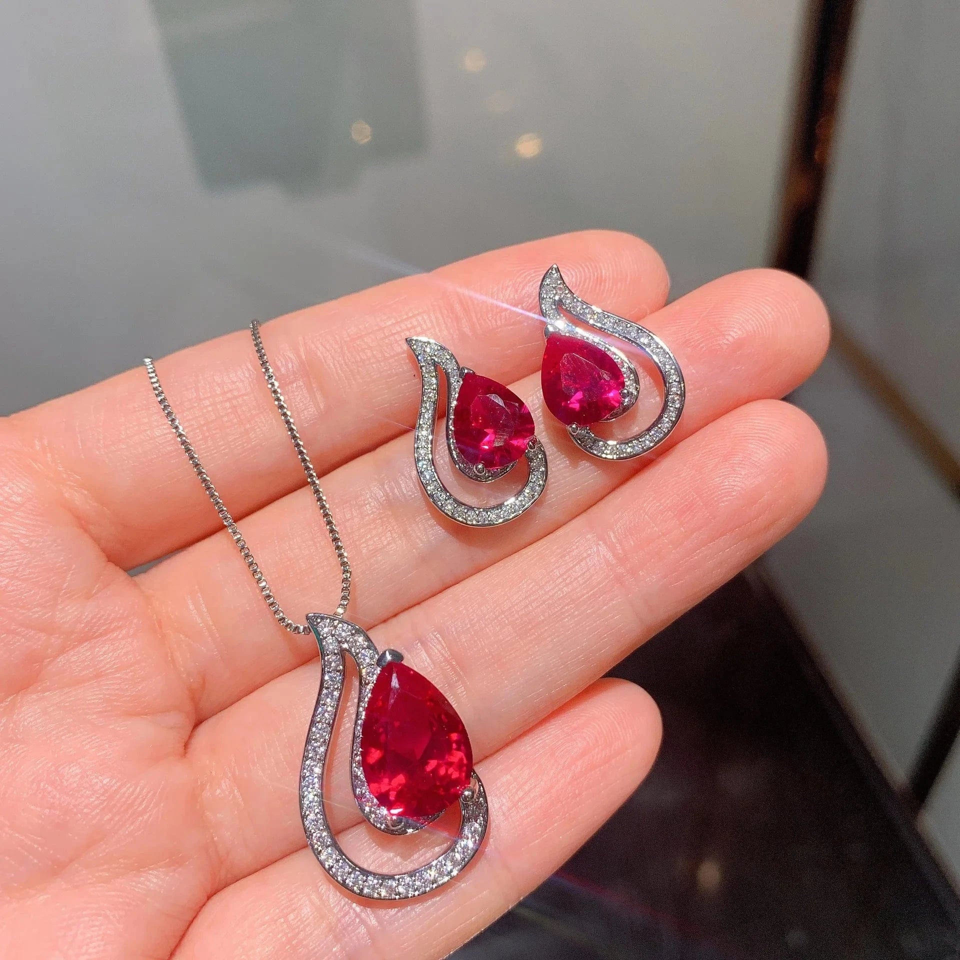 RAKOL ZS036 Hot Selling Luxury Lovely Heart Pendant Necklace Red Zirconia Earring Jewelry Valentine's Gift Wedding Sets 2023