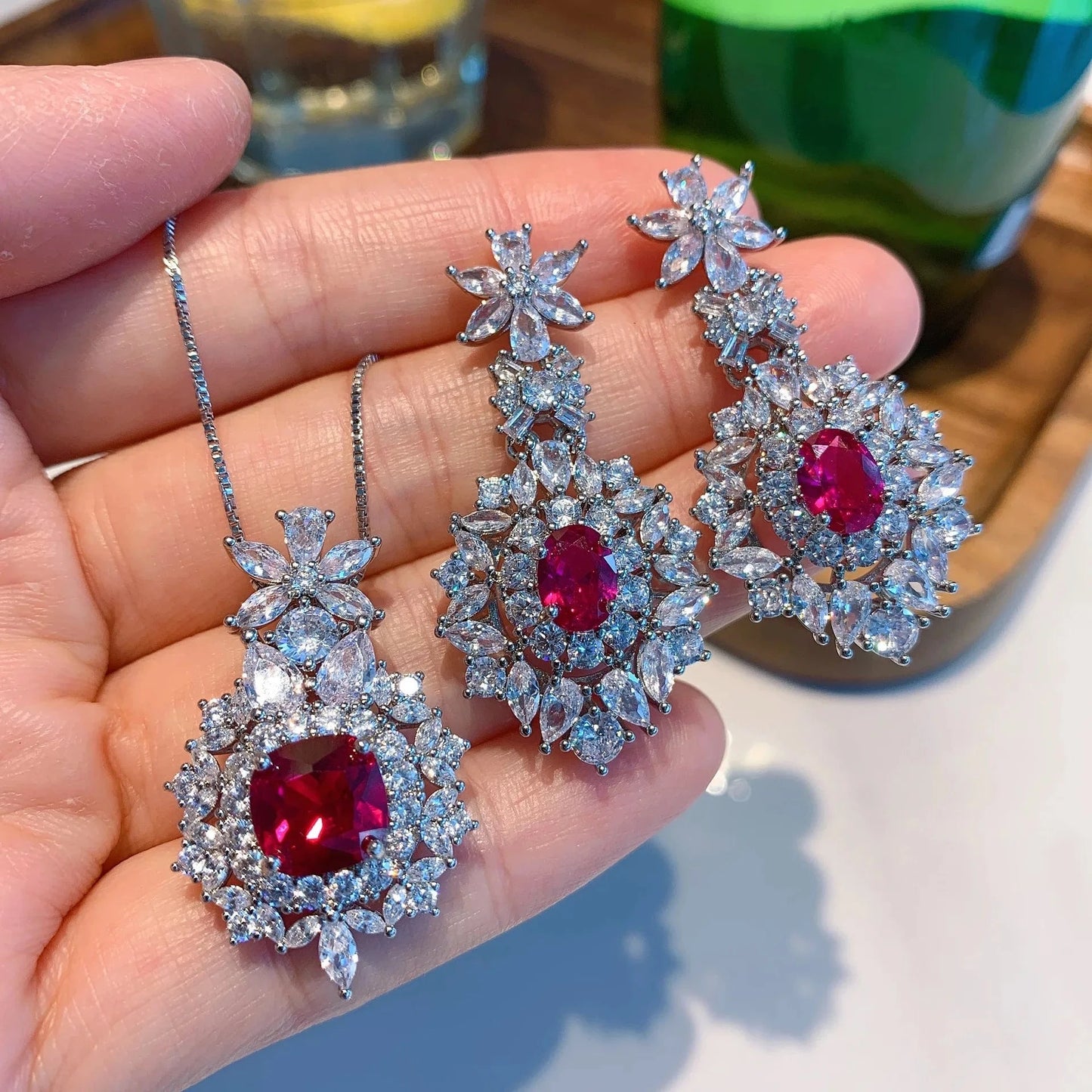 RAKOL ZS036 Hot Selling Luxury Lovely Heart Pendant Necklace Red Zirconia Earring Jewelry Valentine's Gift Wedding Sets 2023