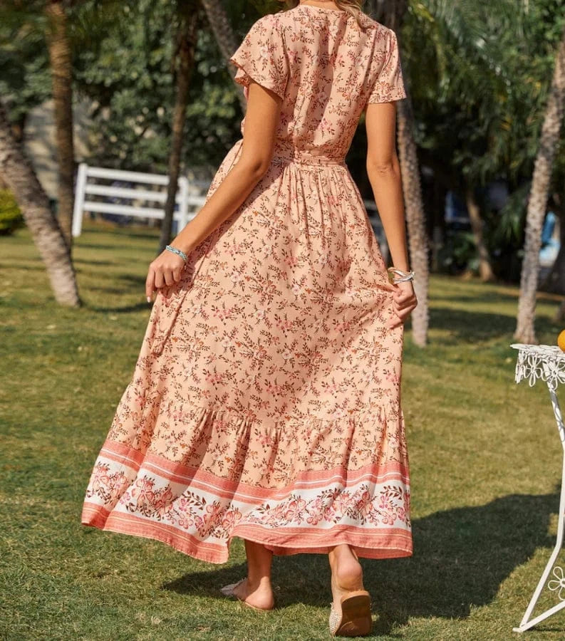 Rayon womans boho floral beach long maxi Wrap dress clothing summer Wholesale bohemian dresses for women 2024 spring