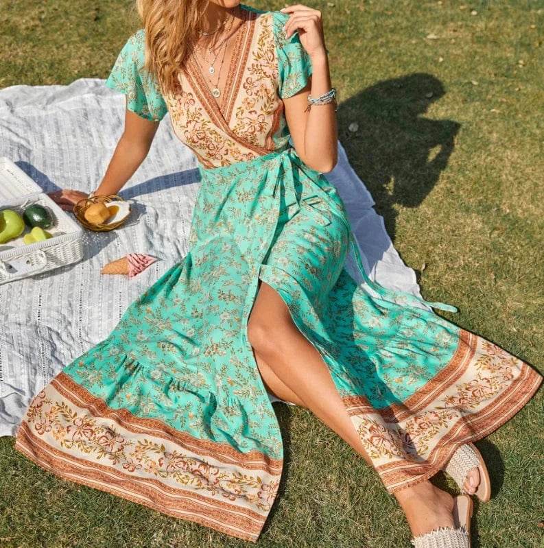 Rayon womans boho floral beach long maxi Wrap dress clothing summer Wholesale bohemian dresses for women 2024 spring