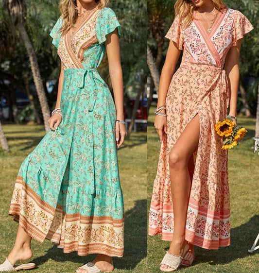 Rayon womans boho floral beach long maxi Wrap dress clothing summer Wholesale bohemian dresses for women 2024 spring