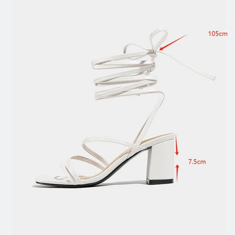 Ready stock supply 2024 fashionable thick heel high heel strap slimming long legs summer essential square head open toe