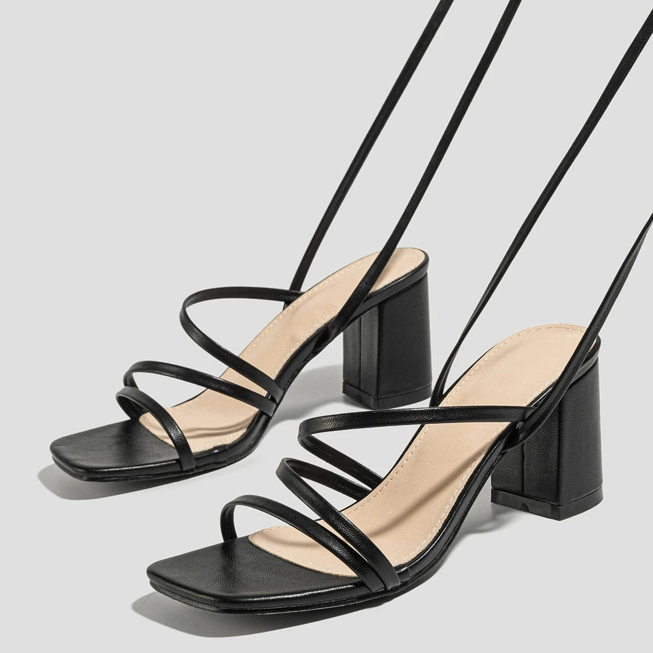 Ready stock supply 2024 fashionable thick heel high heel strap slimming long legs summer essential square head open toe