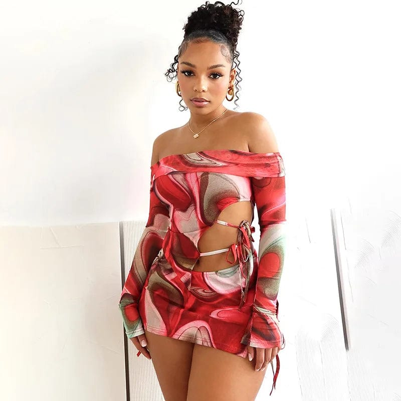 Ready to ship 2024 new arrivals fashion digital print long sleeve top 2 piece skirt set