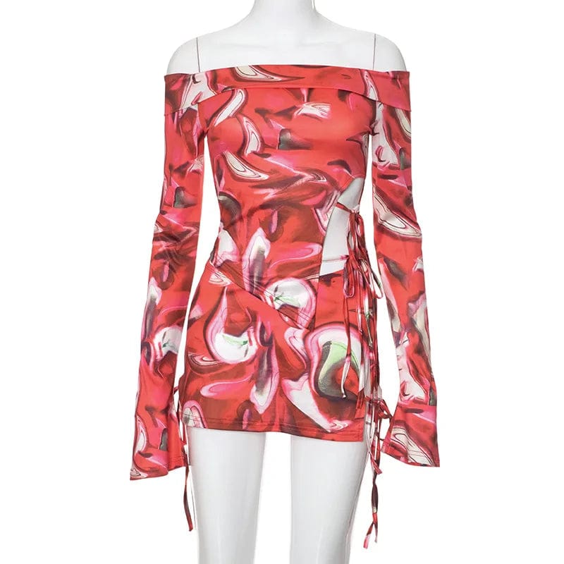 Ready to ship 2024 new arrivals fashion digital print long sleeve top 2 piece skirt set