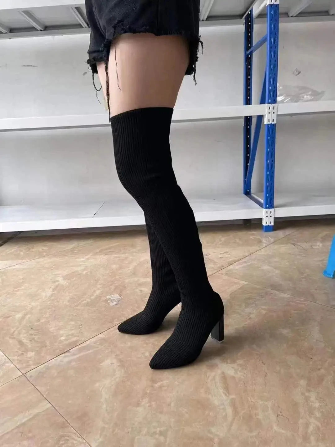 Ready to ship fall and winter boutique ladies shoes women's ribbed knitted thigh high boots