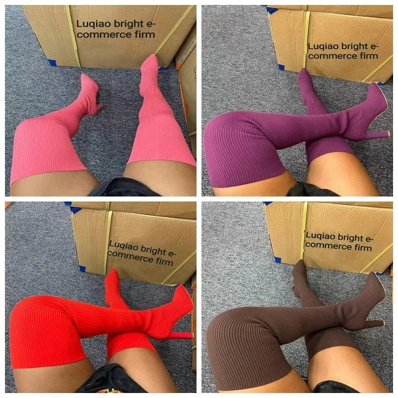 Ready to ship fall and winter boutique ladies shoes women's ribbed knitted thigh high boots