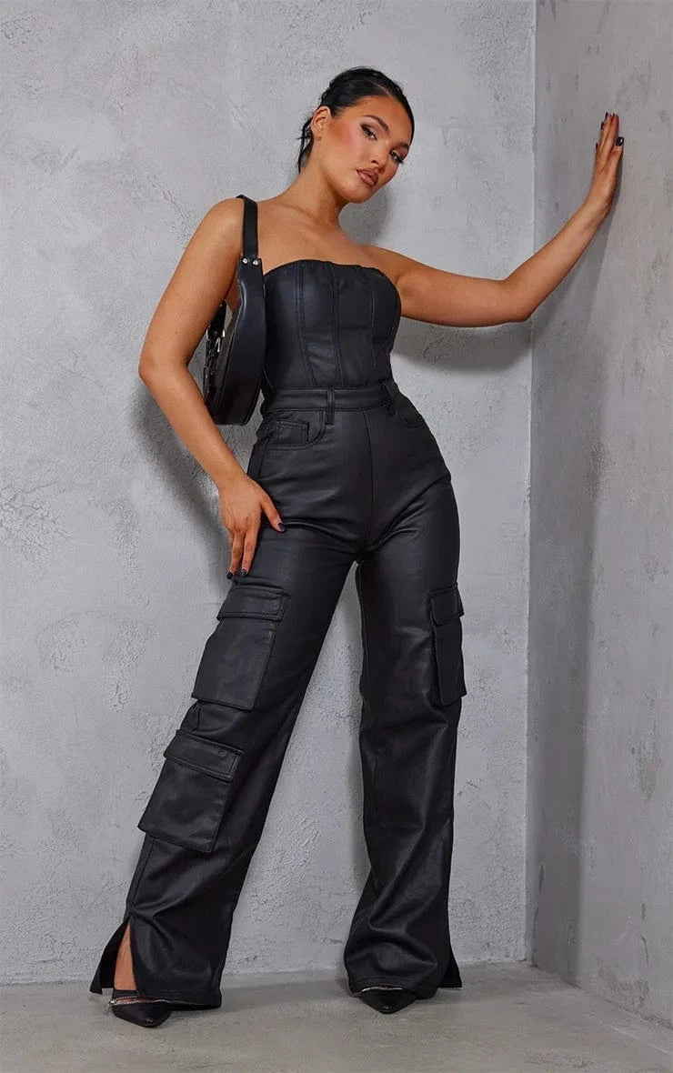 Ready to ship S-XL boutique sleeveless pu leather streetwear jumpsuits playsuits bodysuits