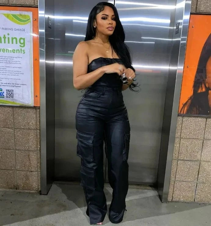 Ready to ship S-XL boutique sleeveless pu leather streetwear jumpsuits playsuits bodysuits