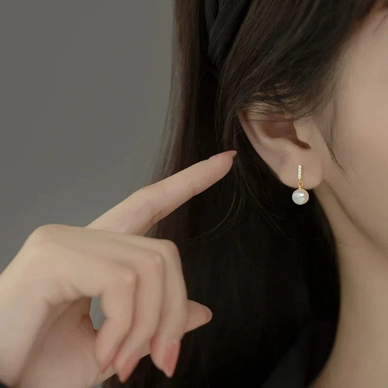 Real 925 Sterling Silver Jewelry Wedding Earrings Fashion Short Gold Freshwater Pearl Zircon Bar Stud Earrings For Women