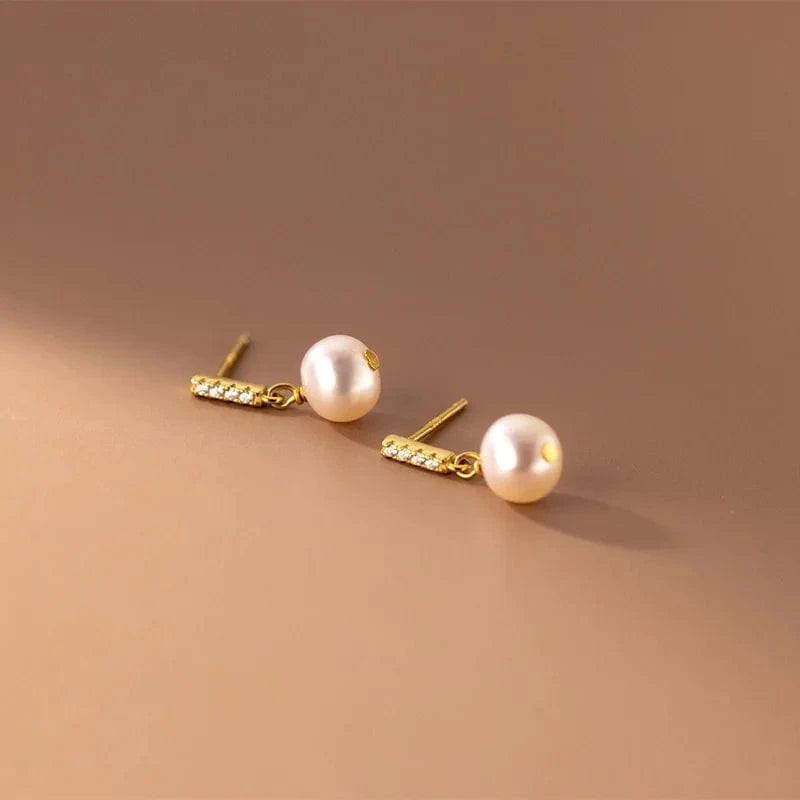 Real 925 Sterling Silver Jewelry Wedding Earrings Fashion Short Gold Freshwater Pearl Zircon Bar Stud Earrings For Women