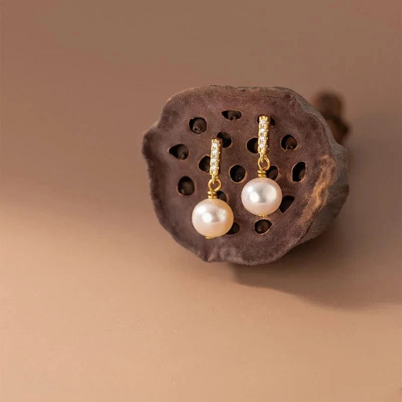 Real 925 Sterling Silver Jewelry Wedding Earrings Fashion Short Gold Freshwater Pearl Zircon Bar Stud Earrings For Women