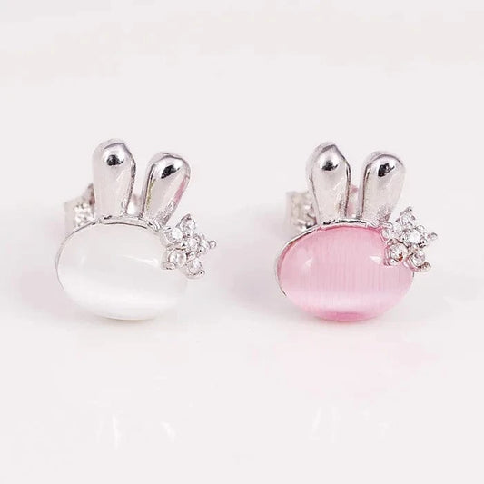 Real 925 Sterling Silver Rabbit Opal Stud Earrings for Women Girls Fashion Sterling-silver-jewelry Brincos Brinco Cute Earrings
