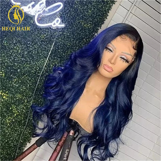 Red / 26 Inches Dark Blue Color Human Hair Lace Front Wig Body Wave Pre plucked Lace Frontal Wigs With Baby Hair For Women Middle/Side Part Wig