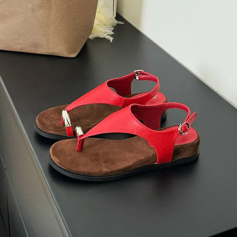 Red / 35 Spring Summer Fashion Metal Ladies Wedges Sandals Shoes Female Buckle Strap Women Wedges Sandals Heeled Shoes Flip flops