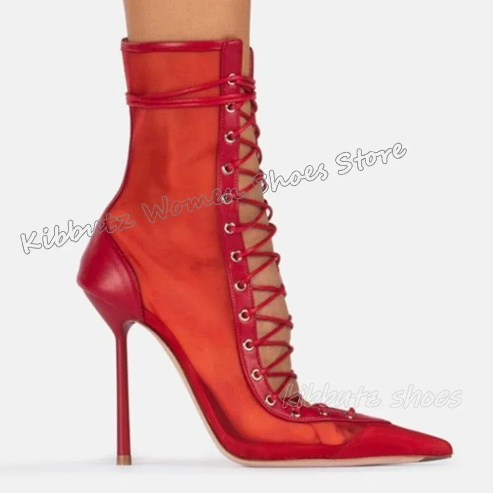 red / 38 Lace-Up Sandal Ankle Boots Mesh Leather Solid Color Fashion Elegant Luxury Concise Sexy Party Dress Women Shoes New Pointy Heels